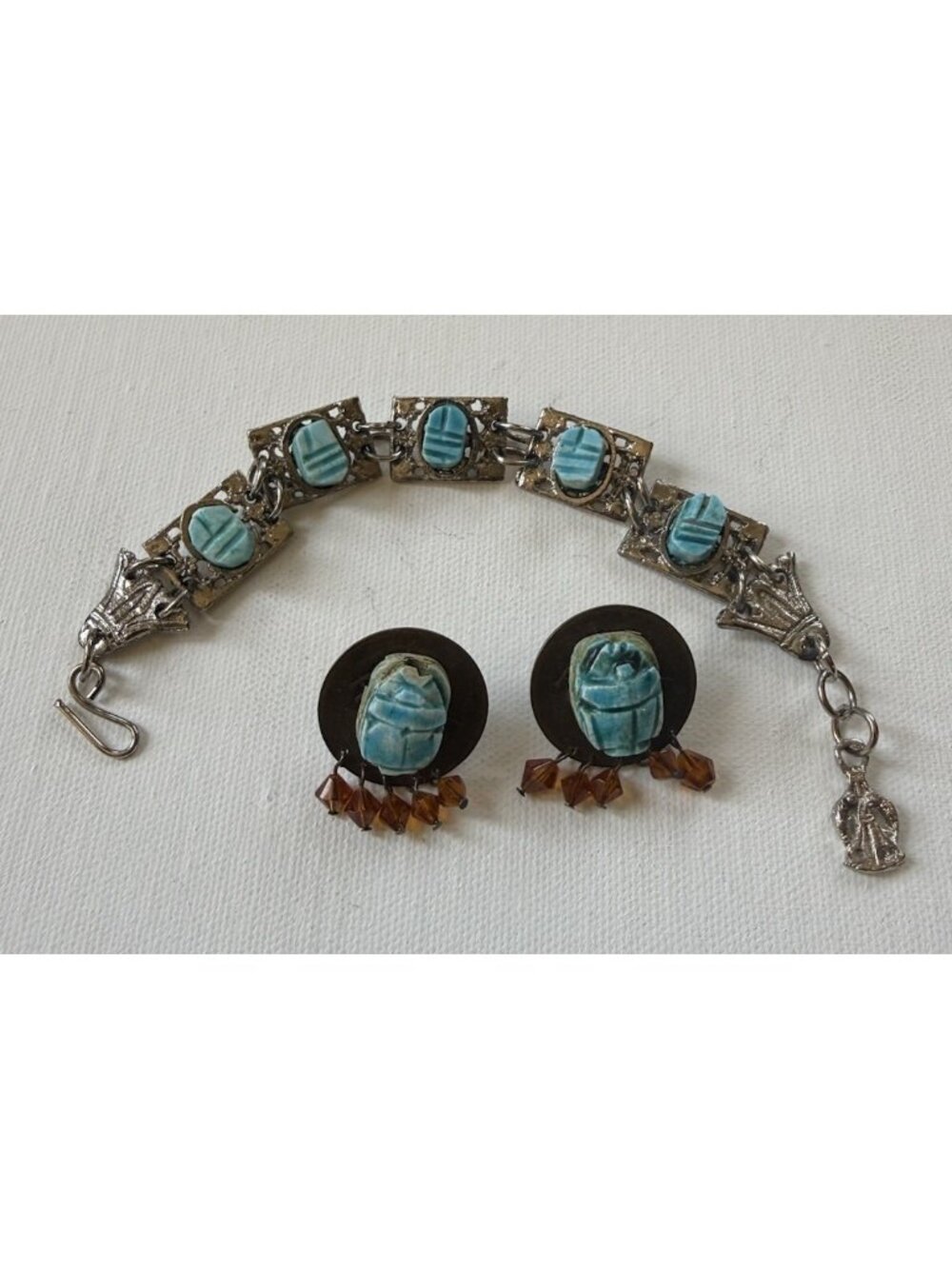 Turquoise Scarab Set Bracelet Round Earrings Egyptian Revival Silver Tone